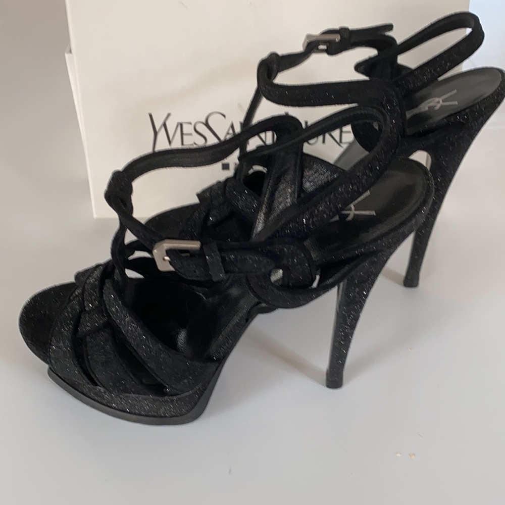 YSL Tribute Black Glitter Platform Sandal